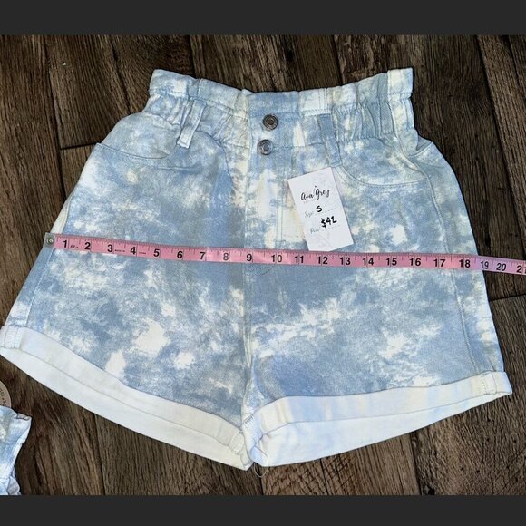 Blue White Tie Die Paperbag Denim Shorts - Picture 7 of 15